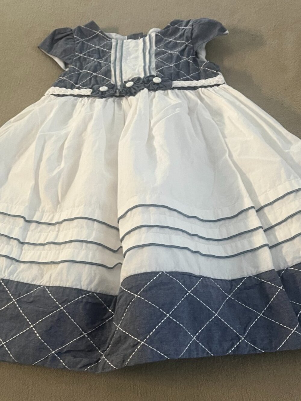 Donita Toddler Girl White & Blue Lining Dress Short Sleeves Size 24 Month